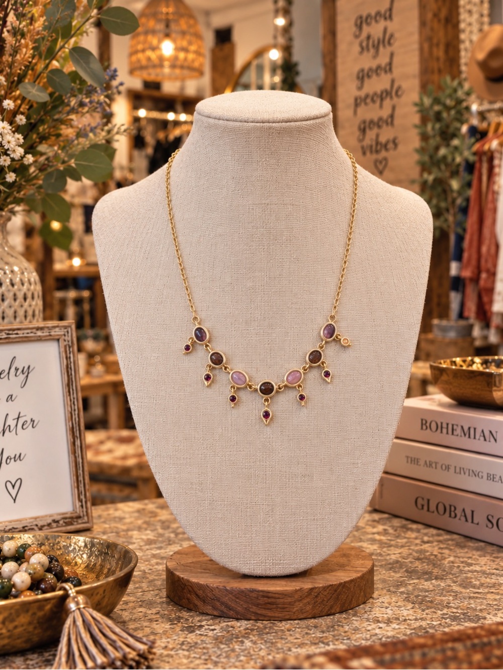 Gold-tone Necklace with Purple Gem Accents - Women Jewelry